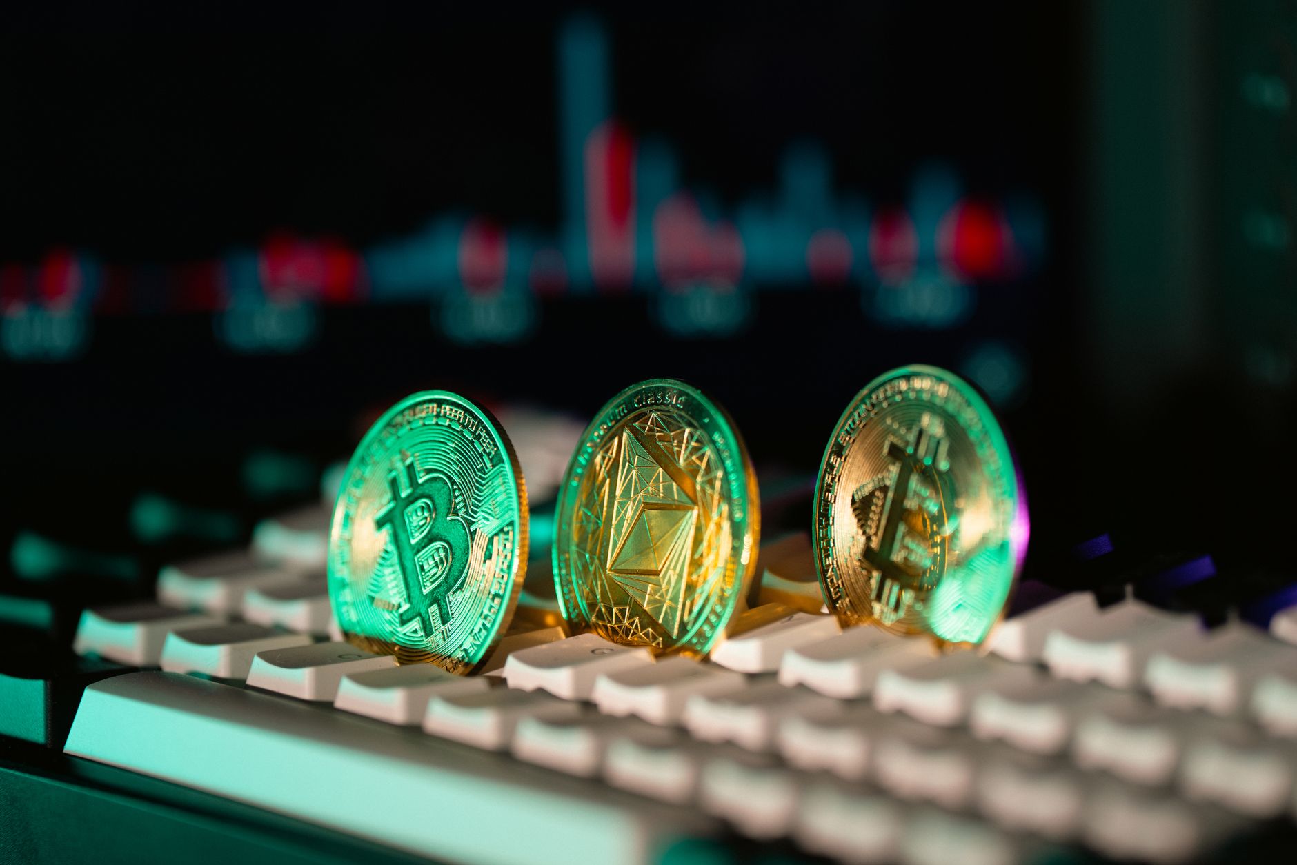 Close-up of stacked Ethereum coins on a dark textured surface, symbolizing modern cryptocurrency.
