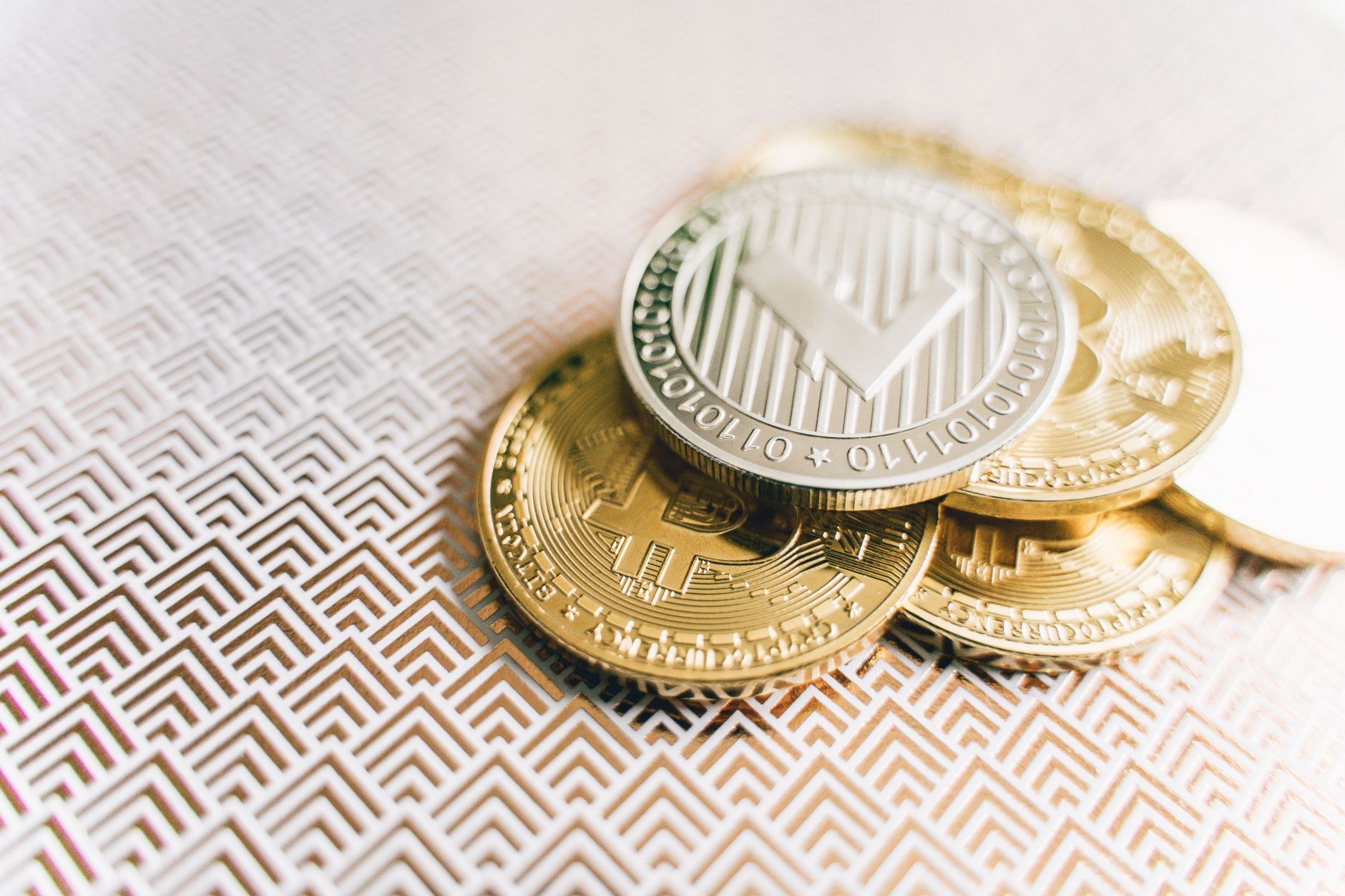 Detailed close-up image of a shiny Dogecoin cryptocurrency coin with the iconic Shiba Inu dog.